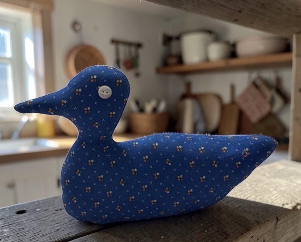 VINTAGE Hand Made Stuffed Duck Blue Fabric Primitive Country Farmhouse 3362-30